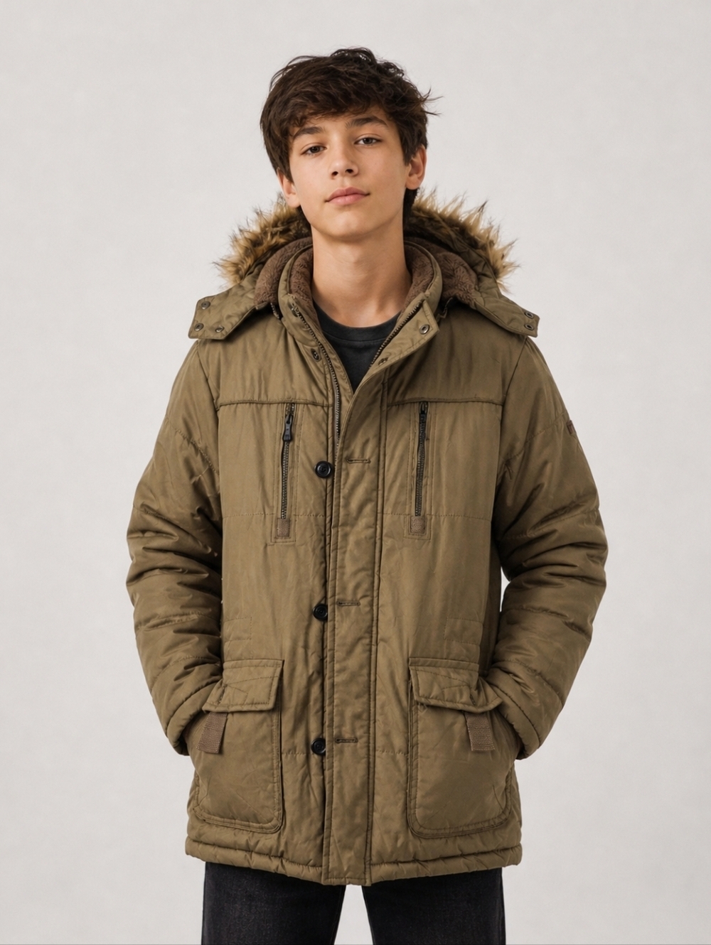 Vogue Brown Winter Parka Faux Fur Brown Detachable Hood Teen Boy Gorpcore 3XL